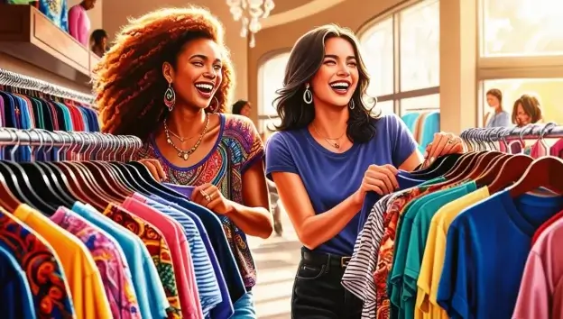 Dvě rozesmáté mladé ženy vybírají trička