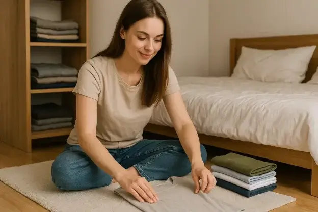 Jak skládat trička – mladá žena při skládání triček